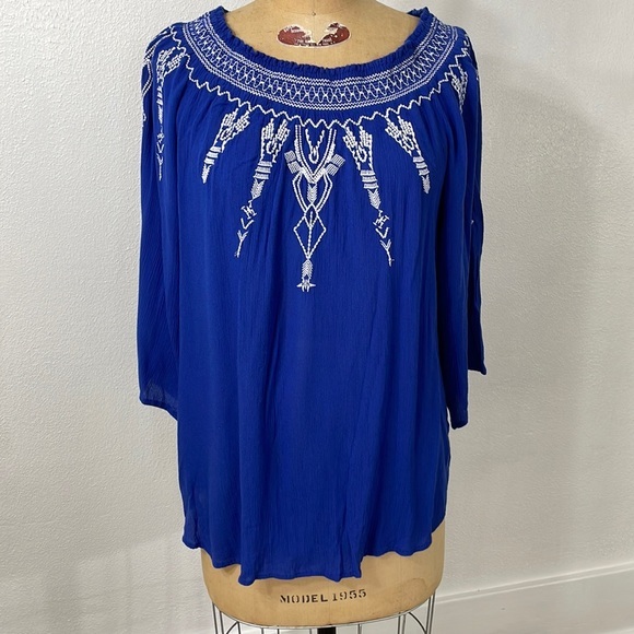 Blouse Chemisier Terre Blue - Manches 3/4 Brodées - Taille M - Occasion Très Bon état